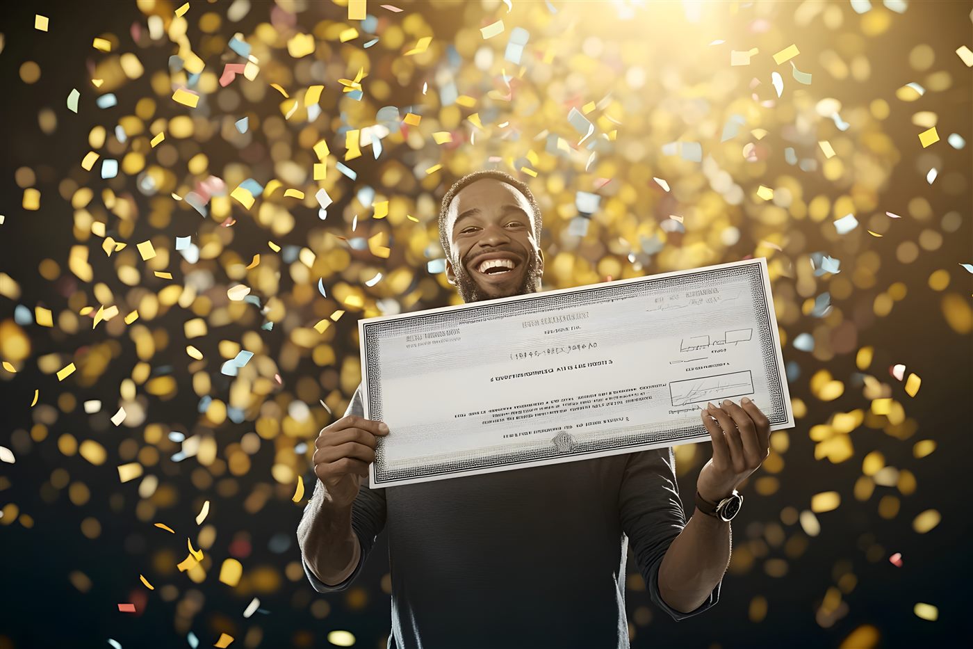 Hackathon winner celebrating with a giant cheque under falling confetti